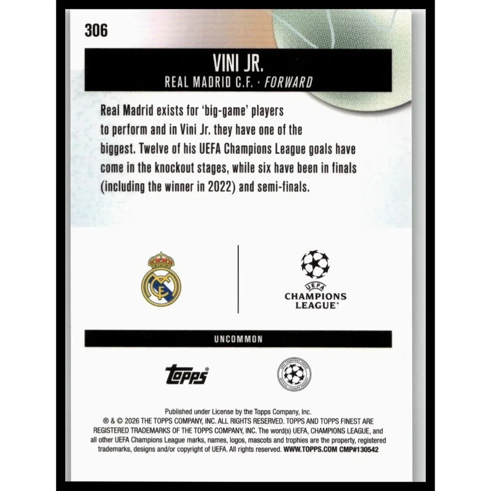 2025-26 Finest UEFA Vini Jr. #306 Real Madrid CF Uncommon